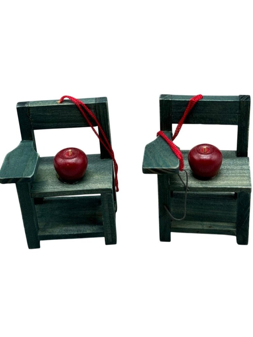 Christmas set of 2 tree ornaments wood green desk chairs with apples READ